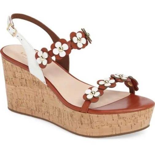 Kate Spade  Tisdale Leather Brown Luggage Flower Wedge Sandal Platform Heels