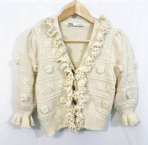 ZARA  NWOT Ruffled Floral Gem Button Down Knit Cardigan Sweater in Ivory Cream