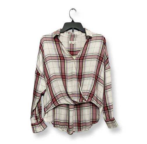 Lou & grey Womens Hi Lo Top Beige Red Plaid Long Sleeve Button Cuff XS