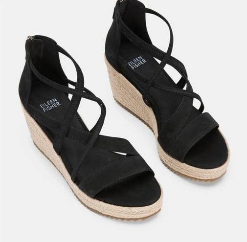 Eileen Fisher  Wanda Black Tumbled Nubuck Espadrille Wedge Sandal, NEW, Size 11