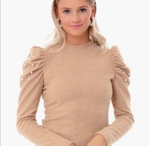 Tuckernuck  Pomander Place Puff Sleeve Pearl Sweater in Camel