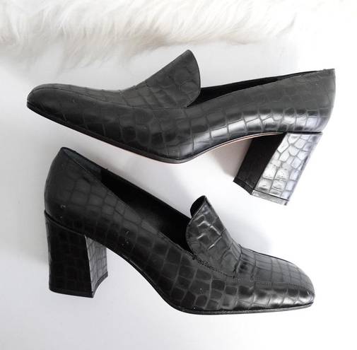 Via Spiga  90s Vintage Black Croc-Embossed Square Toe Leather Heeled Loafers