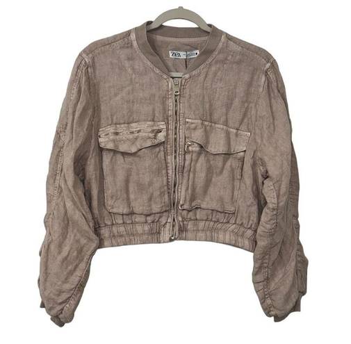 ZARA  Tan Linen/Cotton Bomber Jacket(Size Small)