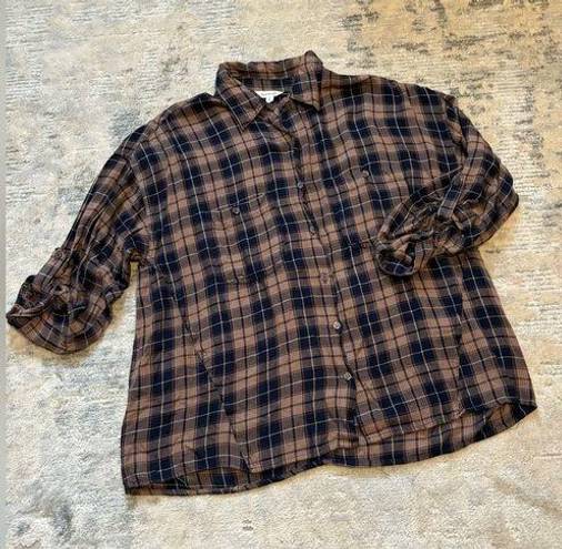 Max Studio Brown & Blue Long Sleeve Flannel Button Down Shirt Size L