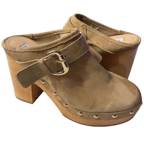 Steve Madden  Hilde Boho Tan Suede Leather Bohemian Wood Block Heel Clogs