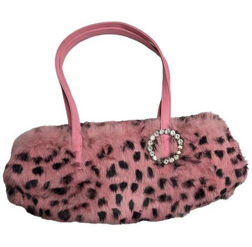 Wilson’s Leather Vtg Y2K Wilsons Leather Pink Leopard Print Rabbit Fur Baguette Shoulder Bag