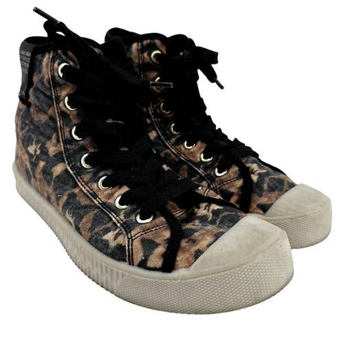 ALLSAINTS  Demmy Celia High Top Sneakers Leopard Canvas Round Toe Tan Black US 8