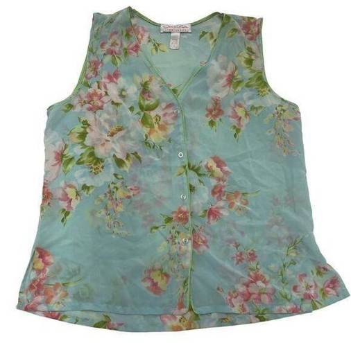 Oscar de la Renta  Tank Top Womens Small Blue Floral Pink Label Button Vintage