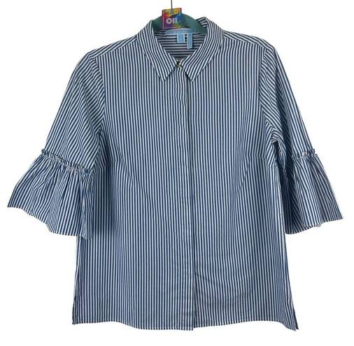 Draper James  Andrea Striped Button Down Ruffle Blouse Blue & White Size 8 Stripe