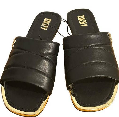 DKNY  Logo Flat Slides Womens Sz 8.5M Black Gold Accents Square Toe Faux Leather