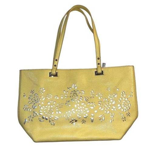 Nine West  Ava Faux Leather Tote Bag Purse Floral Laser Cut Design Yellow Silver