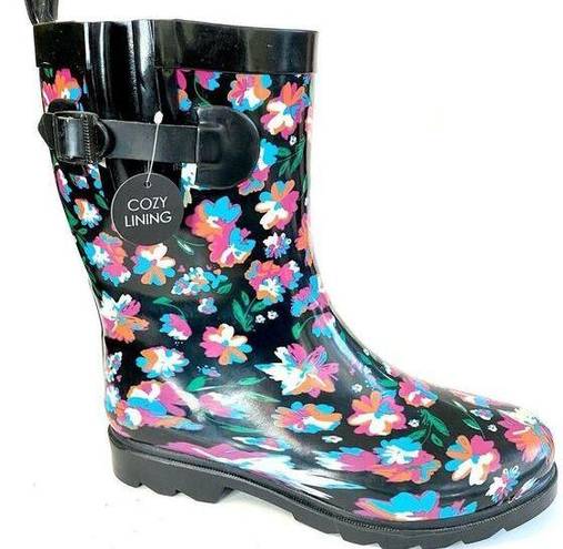 Capelli New York  Women Mid-Calf Rubber Rain Boots Lined Cozy Floral Flowers 9