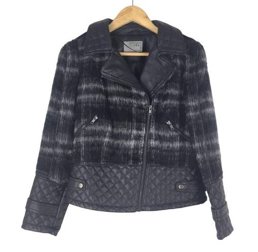 Ruff Hewn  Wool Blend Quilted Moto Jacket Check Plaid Black Size S