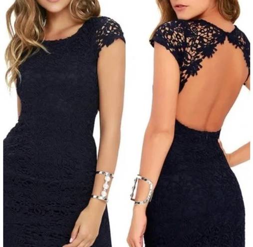 Harper Navy Blue Crochet Lace Open Back Dress Small, Fitted Mini Dress