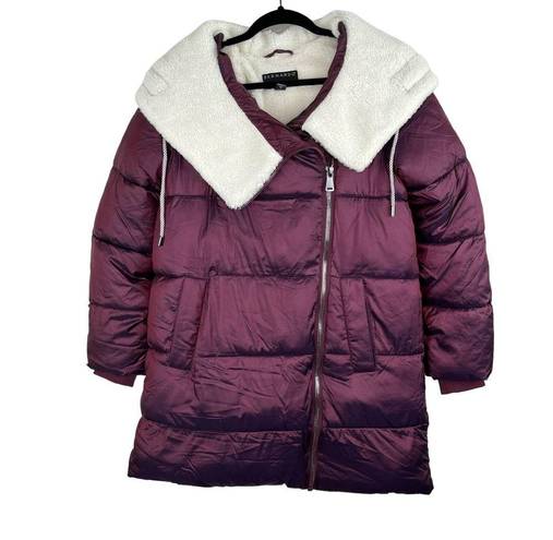 Bernardo  Asymmetrical Sherpa Lined Hooded Puffer Jacket Pomegranate Small NWOT