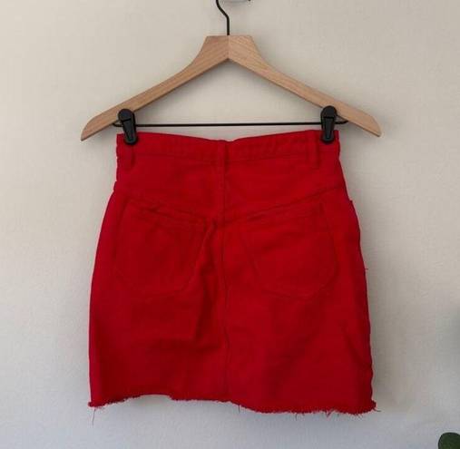 Brandy Melville John Galt  Red Denim Jean Mini Skirt Raw Frayed Hem Button Fly S