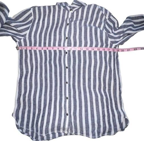 Caslon  LINEN WOMEN BLUE WHITE STRIPED BUTTON DOWN FRONT SHIRT SIZE PETITE SMALL