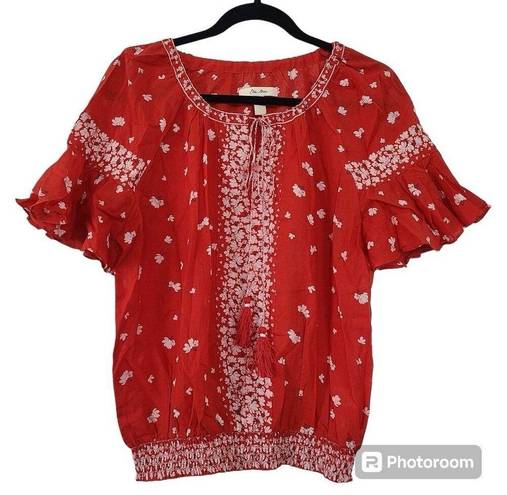 The Moon ✨Ella Top Boho Sz Large  Shirt Red Smocked Waist Ruffle Sleeve Tassel Tie✨