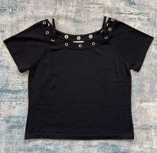 St. John  Sport Black Knit Grommet Rope Neckline Short Sleeve Blouse Large