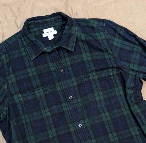 L.L.Bean  Button Up Flannel Shirt Size 1X Cotton Blue Green Plaid Relaxed Fit