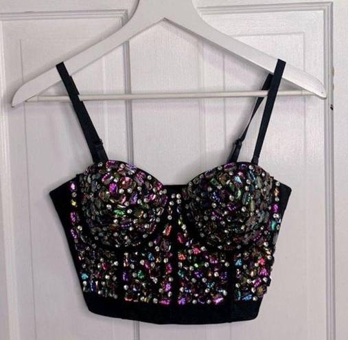 Ruby  Embellished Gems Bejeweled Bustier Top Black/Multi Color Gems Sz S