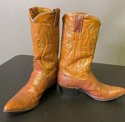 Justin Boots Justin Western Cowboy Boots Vintage Pointy Toe Lizard Leather Size 6AA Retro 70s