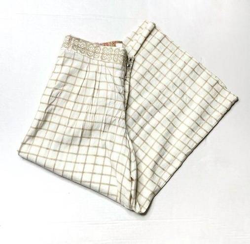 Anthropologie Elevenses Neutrl Grid Embroidered Waist Wide Leg Cropped Pants