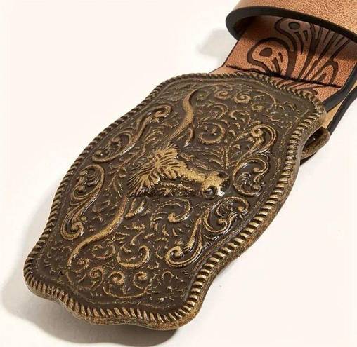 Western Bull Head Buckle Unisex Belt Vintage Style Embossed 37” Faux Leather Tan