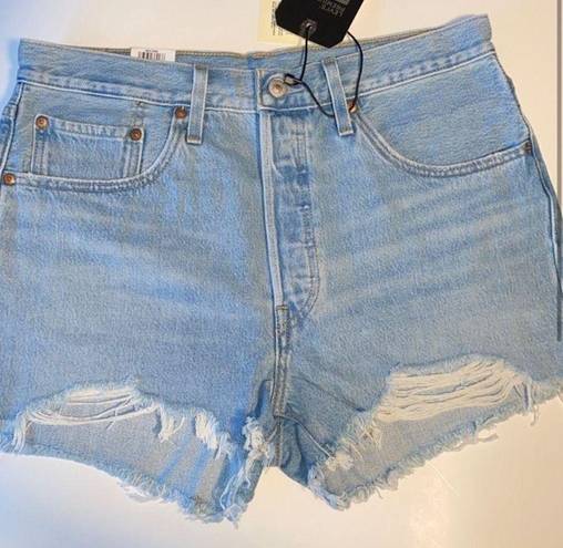 Levi’s jean shorts 501 fitted high rise button fly distressed fray denim‎