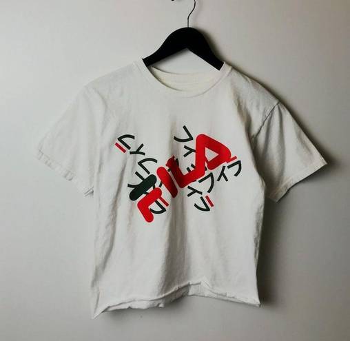 FILA  T Shirt Japanese Characters Raw Hem Crop Top Graphic Tee Short Sleeve Small