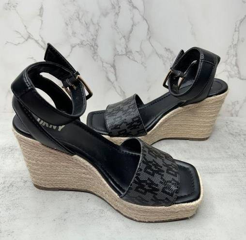 DKNY  Sandals Womens Size 6.5 Black Ankle Strap Espadrille Open Toe Wedges New