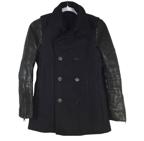 All Saints Zaskia Pea Coat Navy Wool Black Leather
Sleeves Double Breasted