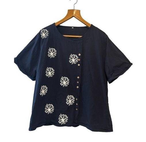 Buttons Navy Blue & White Spring & Summer Blouse with Offset —Size 5XL