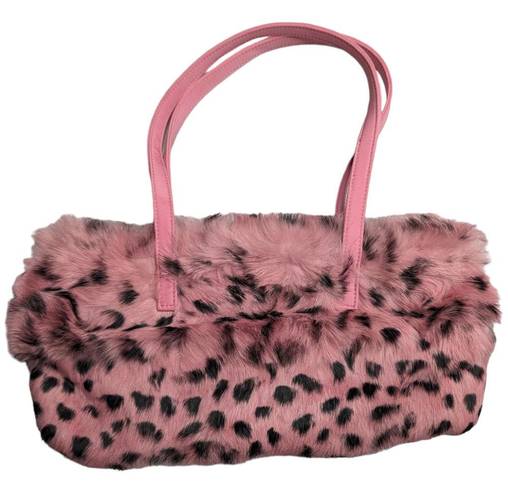 Wilson’s Leather Vtg Y2K Wilsons Leather Pink Leopard Print Rabbit Fur Baguette Shoulder Bag