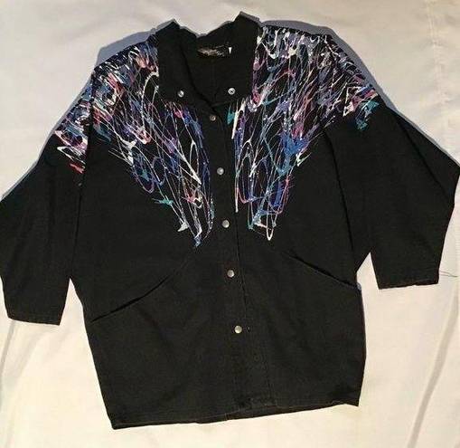 INC VTG Black Denim Jacket USA Made Splatter Painted Deigns By Create A Sweet 