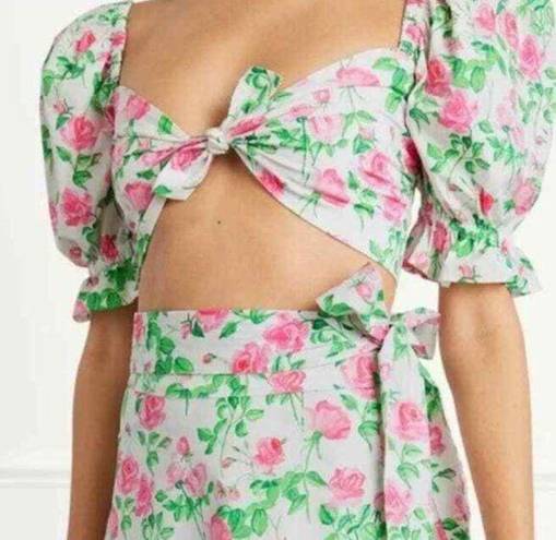 Hill House The Isabella Pink Roses Poplin Puff Sleeve Tie Front Top