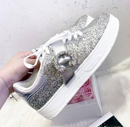 Jimmy Choo  Platinum Glitter & Crystal Osaka Sneakers