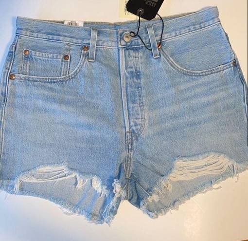 Levi’s jean shorts 501 fitted high rise button fly distressed fray denim‎