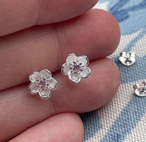 Blossom Cherry  sakura flower stud earrings new gift silver pink october pretty