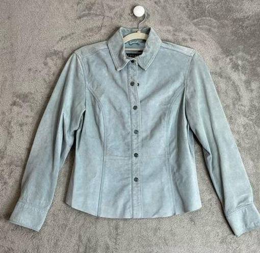 Bernardo  Baby Blue Suede Leather Button Down Jacket, Size 6 Petite