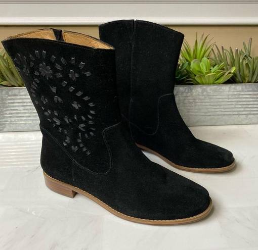 Jack Rogers  Kaitlin black suede whipstitched leather trim pull on ankle boots