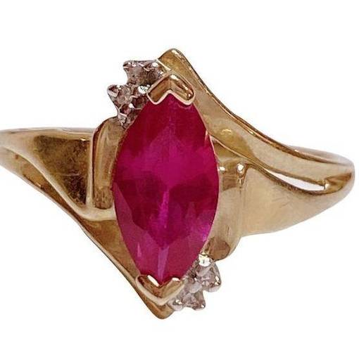 Ruby 10k 10KT Fine Solid Yellow Gold Marquise Red  Diamond Ring Sz 7