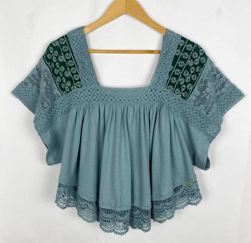 Free People Prairie Days Embroidered Crochet Detail Square Neck Top Size XS