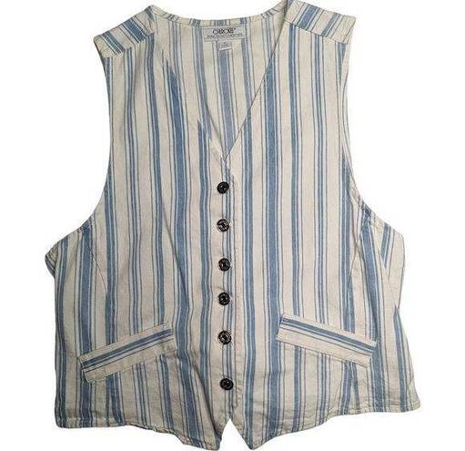 Vtg 1990s Cherokee White Blue Striped Button Up Lightweight Cotton Denim Vest M Size M