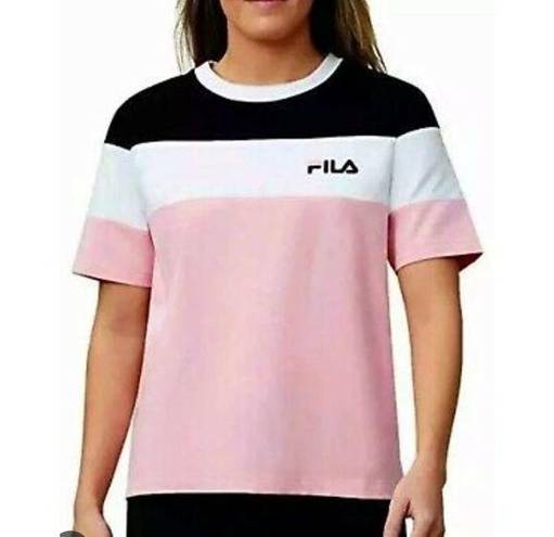 FILA  Tee Shirt Short Sleeve Crew Neck Black White Pink Colorblock Cotton Top L