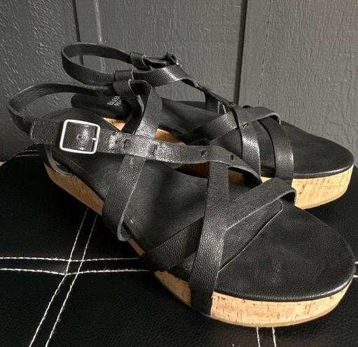 Eileen Fisher  Array Black Strappy Cork Wedge Platform Sandals Size 8