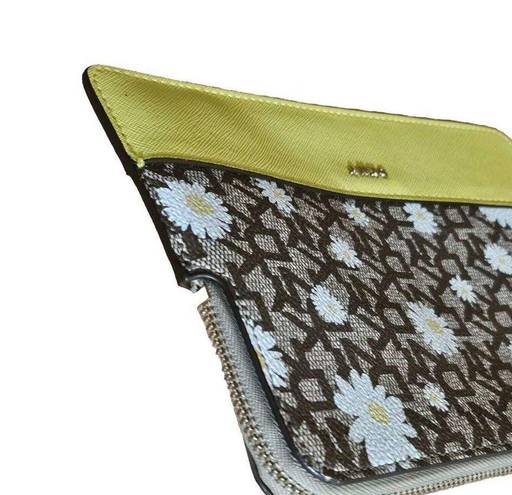 DKNY  Logo Wristlet Pouch Clutch Zipper Bag Daisies Saffron Leather Yellow Brown