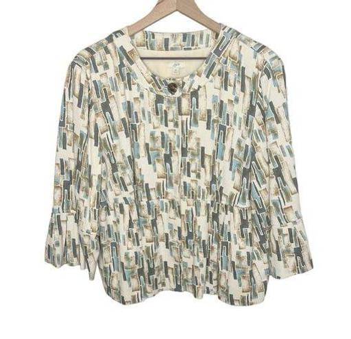 J.Jill  Women's XL Silk Pleated Crop Blazer Jacket Abstract Print Ivory Blue