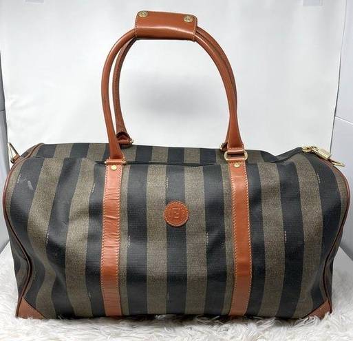 Fendi Vintage  Huge Pequin Stripe & Cognac Leather Duffel/Weekender Bag