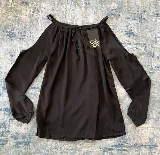 Chaser NWT!  Black Tie Neckline Cold Shoulder Long Sleeve Peasant Blouse Medium